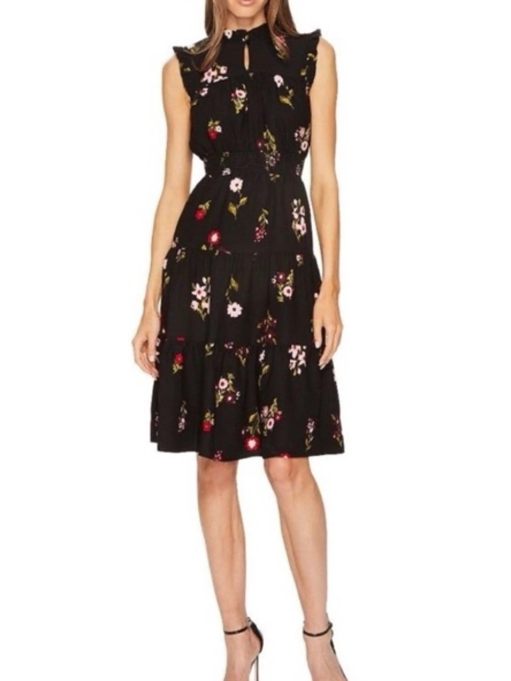 Kate Spade Black Floral Midi Dress with Keyhole Neckline